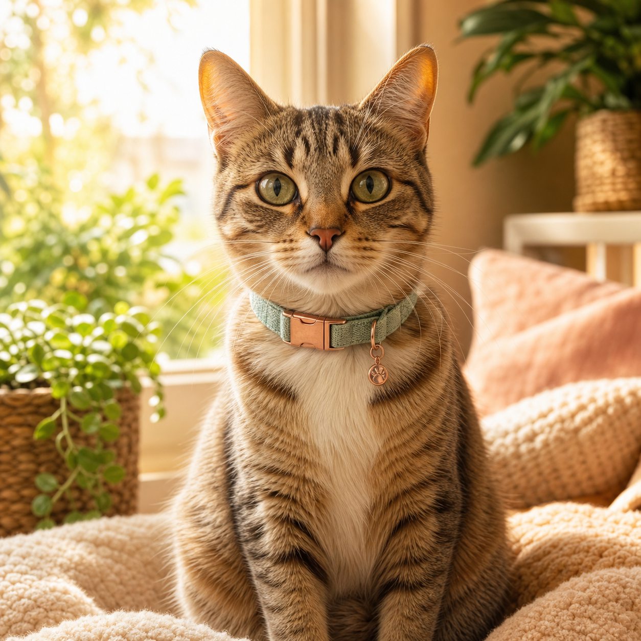 Cat wearing a soft collar in warm window light