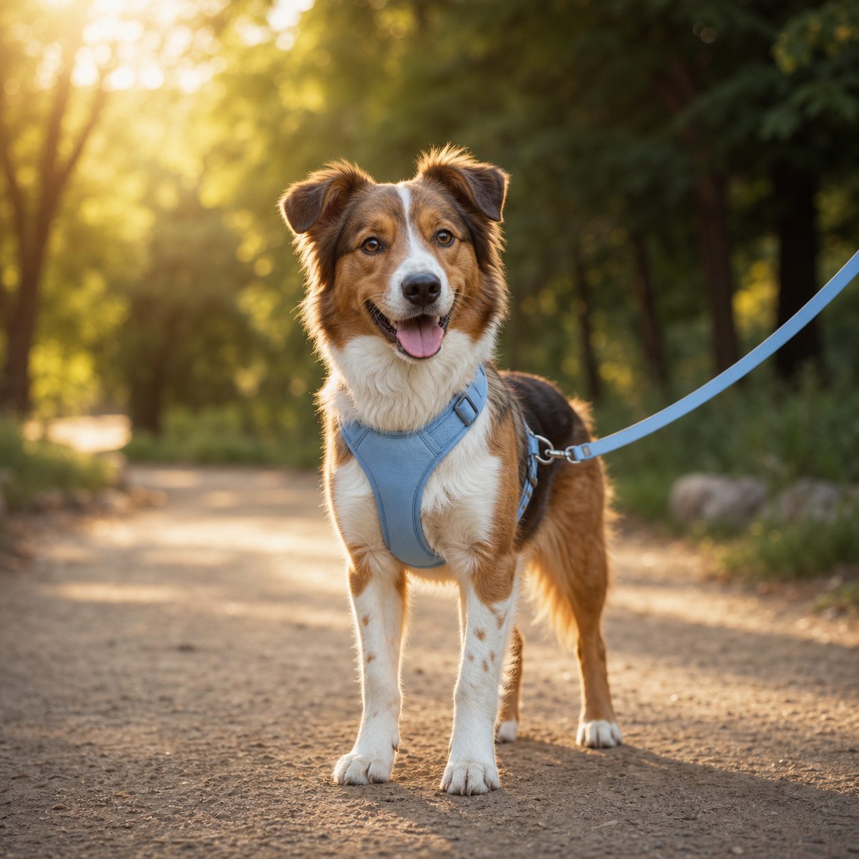 Dog wearing a blue walking harness in warm park light