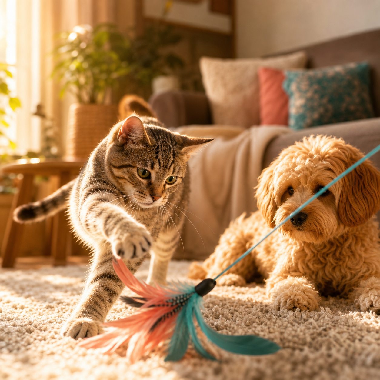 Cat and dog playing with a feather toy in warm home light